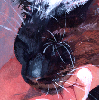 2024 gouache painting. my cat pancetta, resting his face in a sunbeam. i'm lifting his chin with my hand. the sun casts warm brown patches into his blue-black fur.